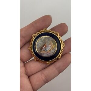Vintage Limoges France Porcelain Brooch Cobalt Blue Gold Tone Scenic